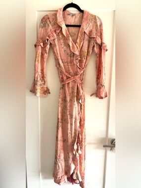 D’ASCOLI 100% Silk Pink Floral Wrap Ruffled Maxi Dress XS